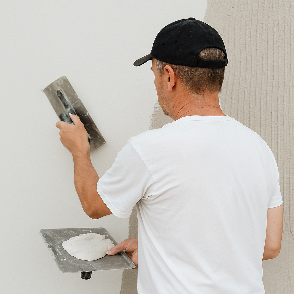 Stukadoor met pet werkt een wand af (vanaf de rug, onherkenbaar)