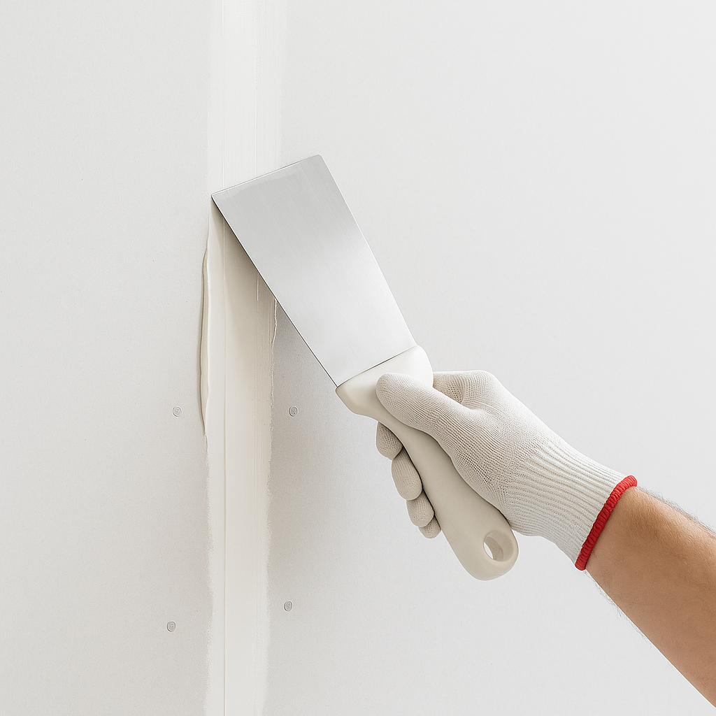 Close-up afwerking gipsplaatvoeg met spaan