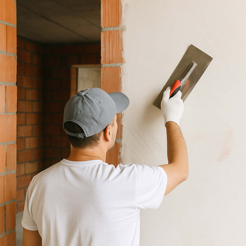 Over-shoulder: stukadoor werkt nieuwe wand af